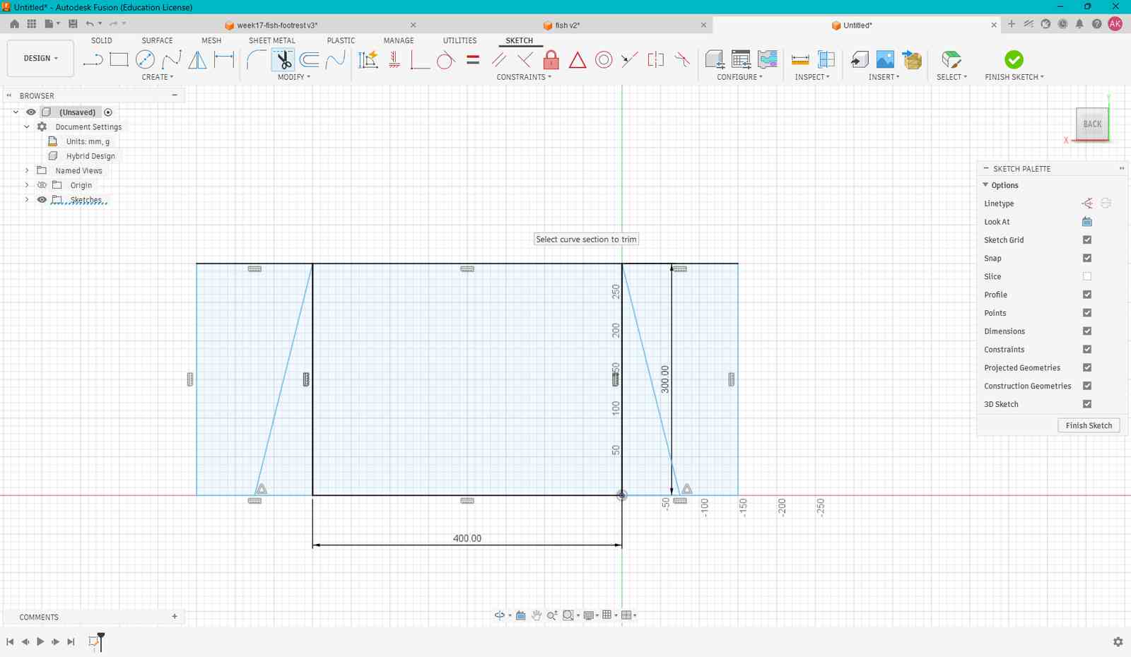 A rectangle was drawn as the base profile, and constraints were applied to fully define the sketch.